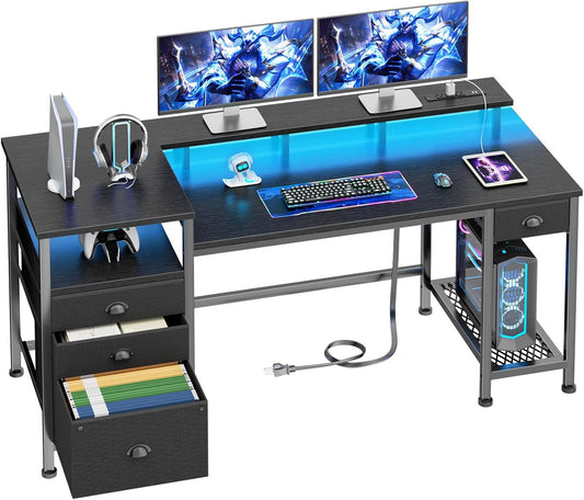 Furologee 60" Black Computer Desk with 4 Drawers and Printer Space, Gaming Desk with LED Lights and USB Power Outlets, Home Office Desk with Fabric File Cabinet,Study Work Table with Shelf for Bedroom