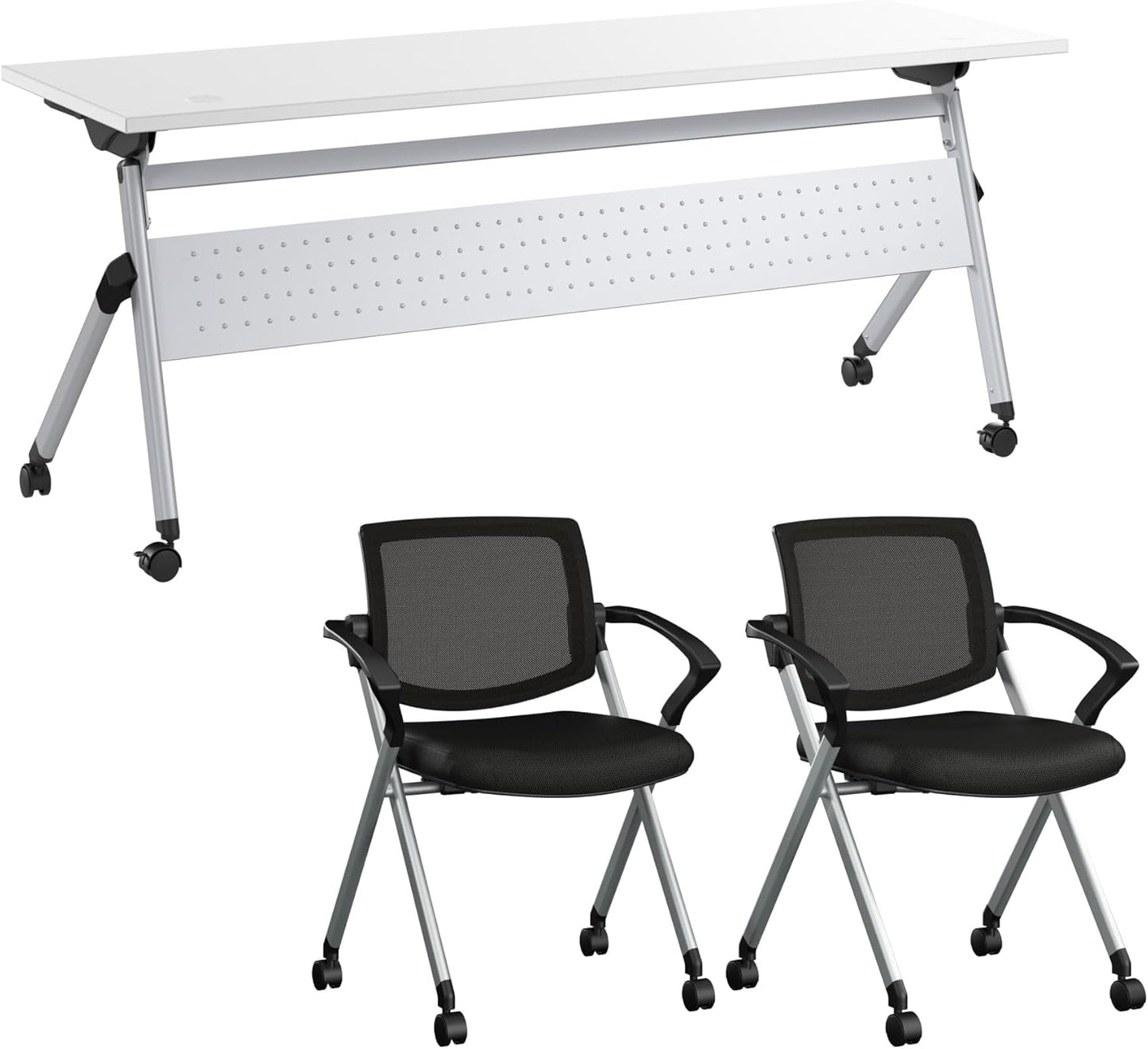 Bush Business Furniture Folding Training Table Set for 2, 72 inch, 2 Mesh Back Folding Chairs with Arms, Commercial-Grade Bundle for Office or Classroom, Envision Collection, White