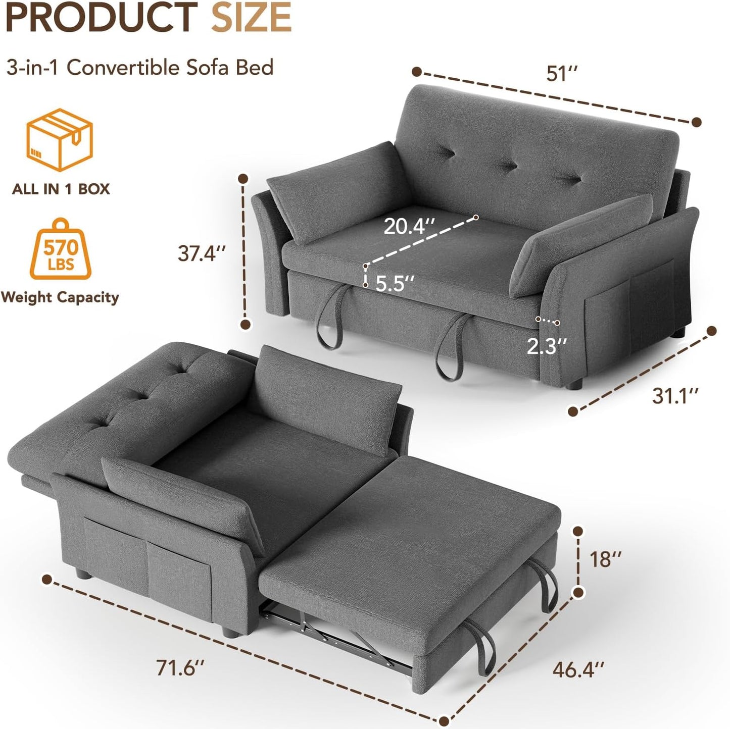 Vipbear 3-in-1 Chenille Convertible Sofa Bed, Pull Out Sleeper Sofa with Reclining Backrest & Side Pocket, Tool-Free Assembly, Folding Loveseat for Living Room, Apartment, Grey