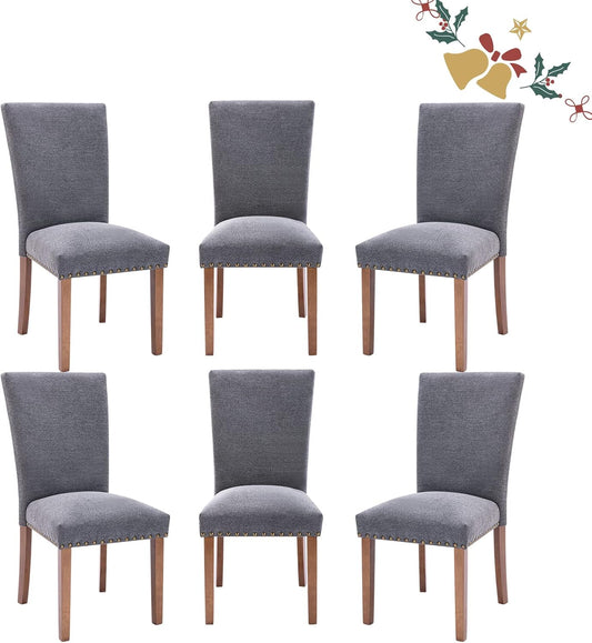 Parsons Dining Chairs Set of 6, Upholstered Nailhead Dining Room Kitchen Side Chair with Thick Cushions and Wood Legs, Dark Grey
