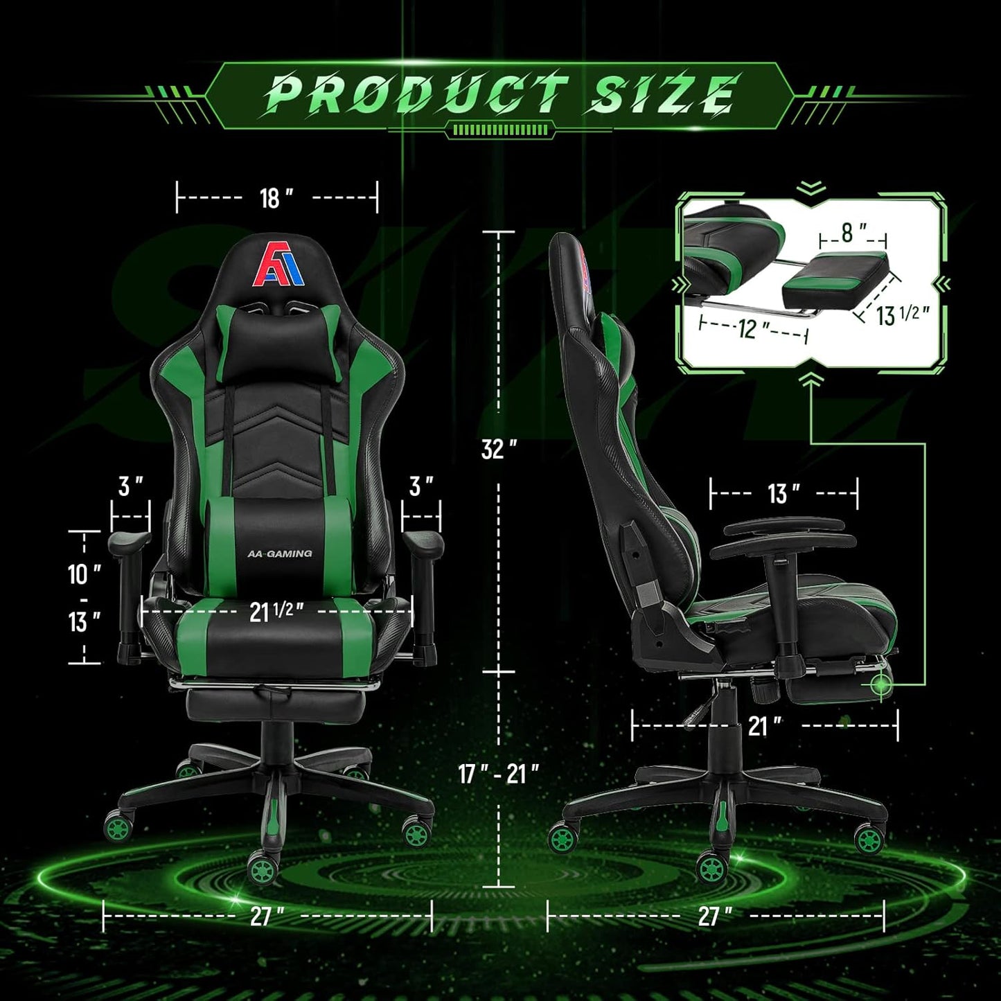 AA Products Gaming Chair High Back Ergonomic Computer Racing Adjustable Gamer Chair with Footrest, Lumbar Support Swivel Chair – Blackgreen