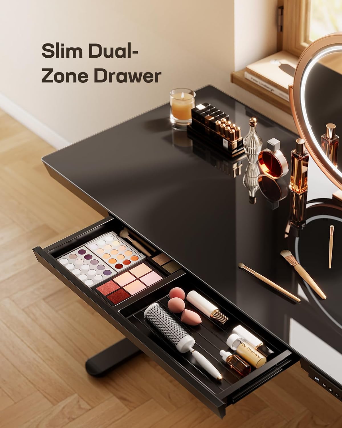 Marsail Glass Standing Desk with Drawer, 48 x 24 inch Electric Standing Desk, Height Adjustable Desk with One-Piece Tabletop & USB Charging Ports, Sit Stand Desk with Storage for Home & Office Black