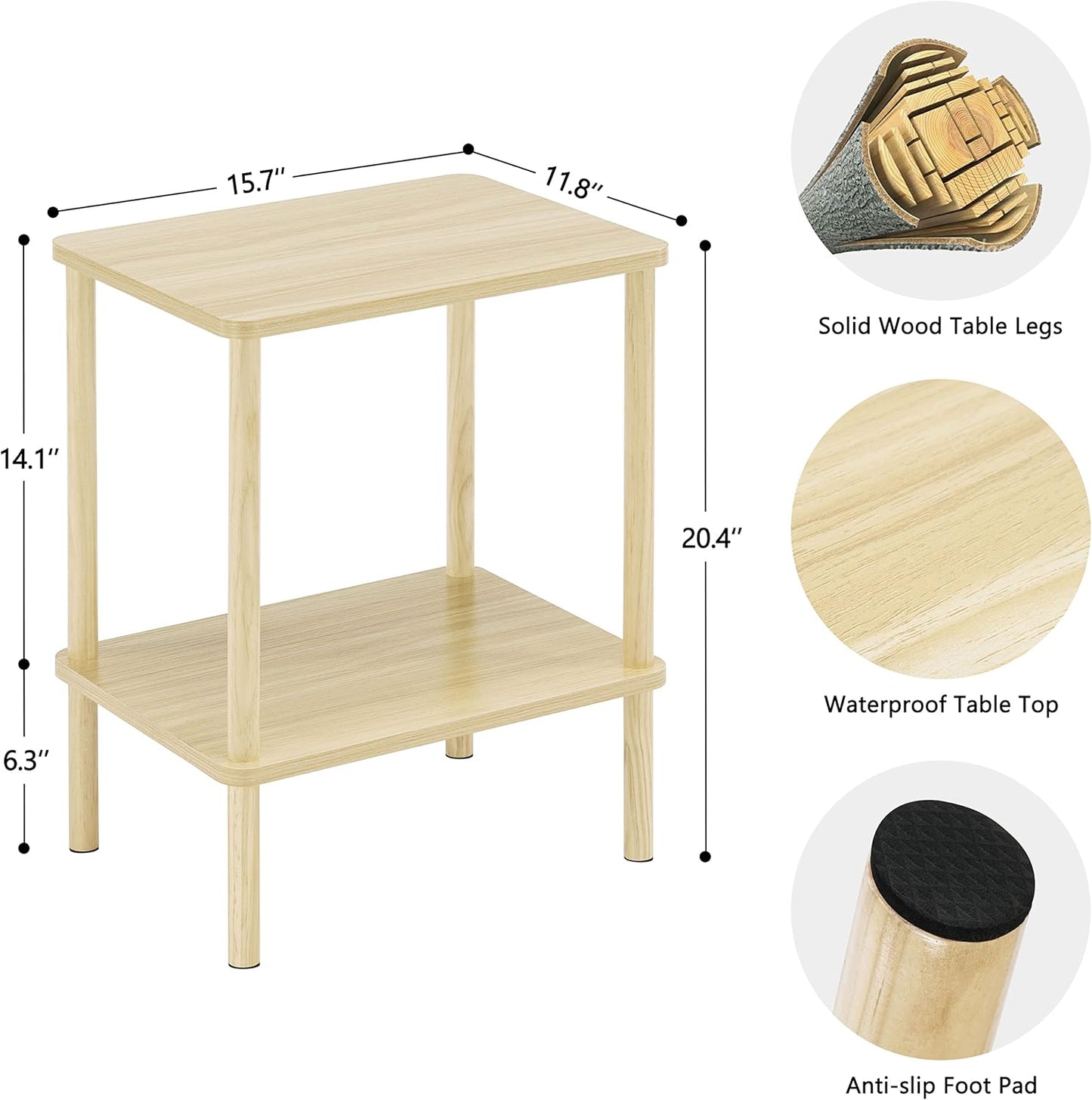 Apicizon 2 Tier End Table Set of 2, Small Side Table with Solid Wood Legs, Boho Bedside Table with Storage Shelf, Nightstand for Small Spaces, Bedroom, Living Room, Entryway, Light Natural