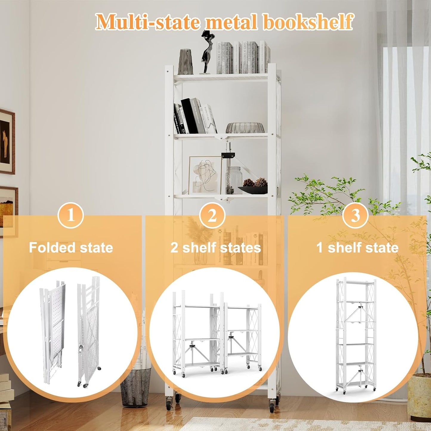 BAYOYONI 6 Tier Industrial Bookshelf - Storage Shelves with Two Usage Modes - Foldable Metal Bookshelves for Living Rooms, Offices, and Bedrooms (White, 6 Tier)