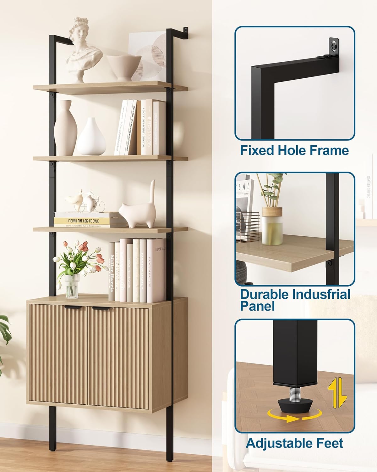 Yusong 73" Tall Bookshelf with Cabinet, Industrial Ladder Wall Mount Shelf Bookcase with Wood and Metal Frame, Plant Shelf Wall Storage Display for Living Room Bedroom, Wavy Light Ivory