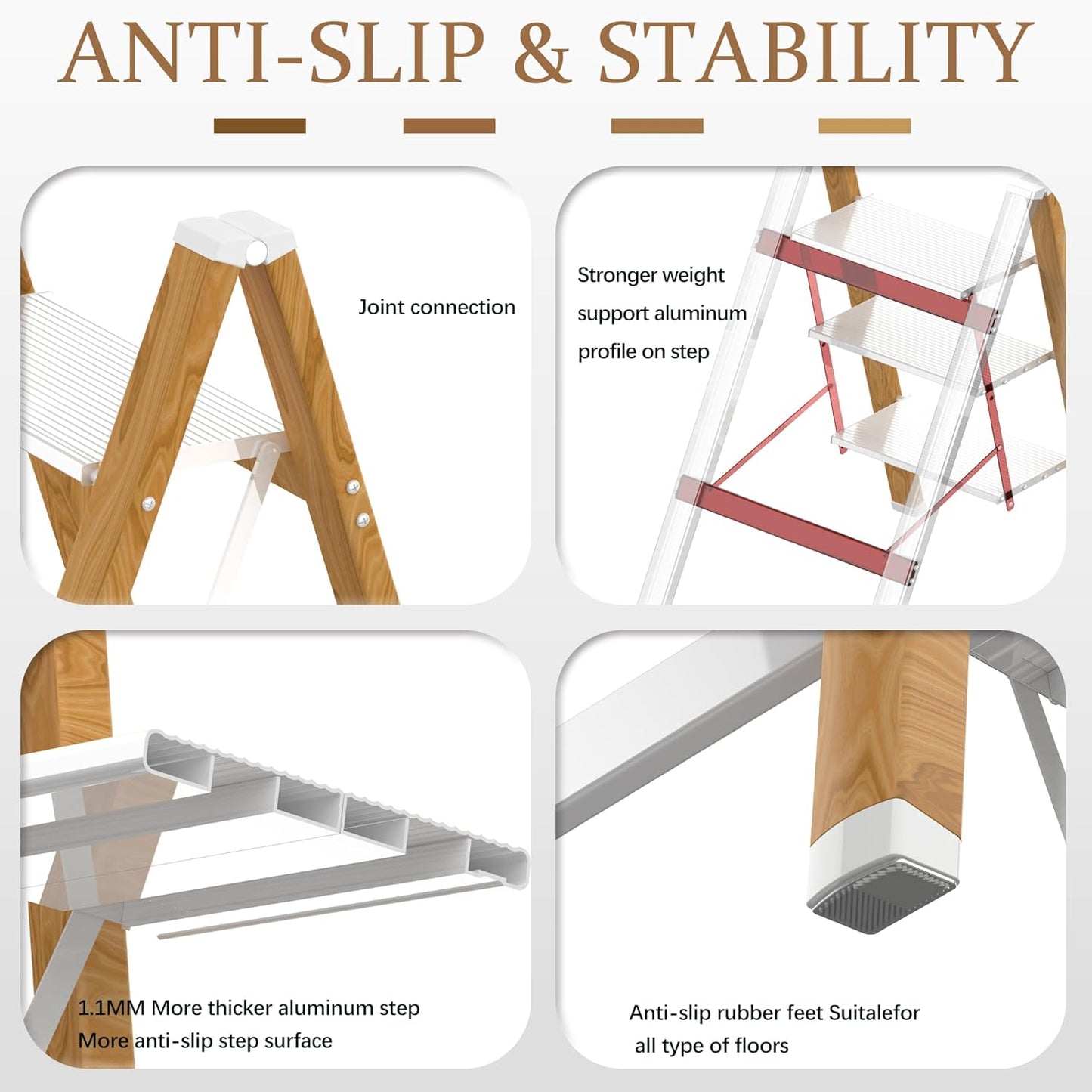 3 Step Ladder, Portable Step Ladder Folding, Lightweight Step Ladder with Anti-Slip Pedal, Aluminum Indoor and Closet, Kitchen, 330lbs - White & Wood Grain