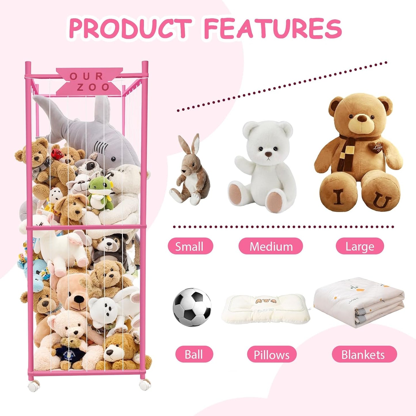Stuffed Animal Storage Zoo with Wheels, Wooden Large Stuff Animals Plushies Holder Toy Organizer Kids Plush Storage Cage with Elastic Band and Net for Nursery Playroom Corner for Toddler (Hot Pink)