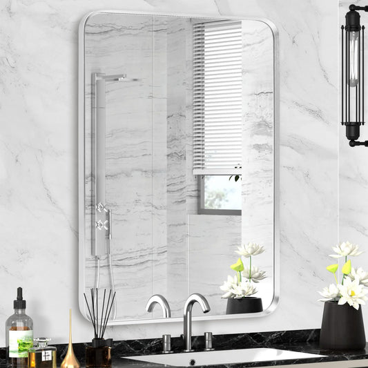 Silver Framed Bathroom Mirror, Brushed Nickel Rounded Corner Rectangle Wall Mirror, Tempered Glass, Shatter Proof, Anti-Rust, Hangs Horizontally or Vertically (22" x 30", Silver)