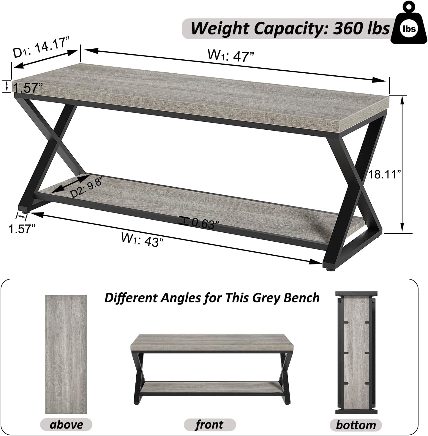 IBF Industrial Wood Entryway Bench, Indoor Farmhouse Hallway Accent Entry Bench for Seating Sitting with Storage, Metal Shoe Rack Grey Bench Organizer in Foyer Bedroom, Light Grey Oak, 47 Inch Long