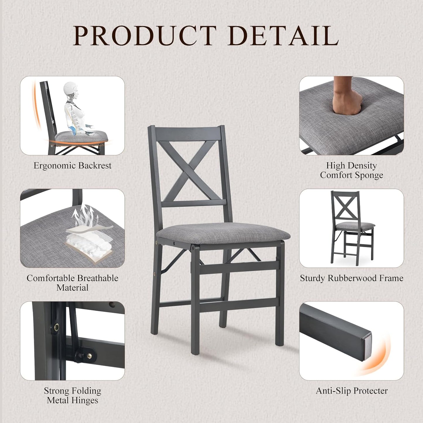 COLAMY Folding Dining Chairs Set of 2, Foldable Chairs with Padded Seats, Wood Folding Dining Room Chairs for Kitchen, Party, Camping, Dark Grey