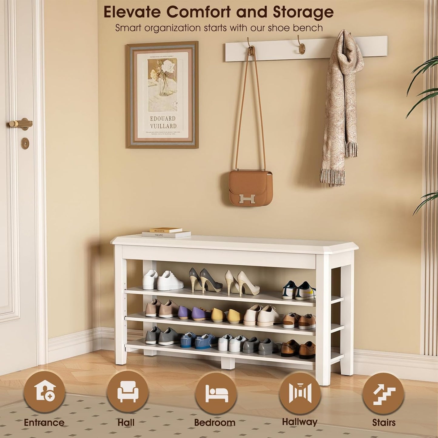 Shoe Rack Bench Seat Rubberwood 3-Tier Wooden Storage Bench 550lbs Compact Mid-Century Modern Design for Entryway, Hallway, Closet, Front Door Entrance, Foyer