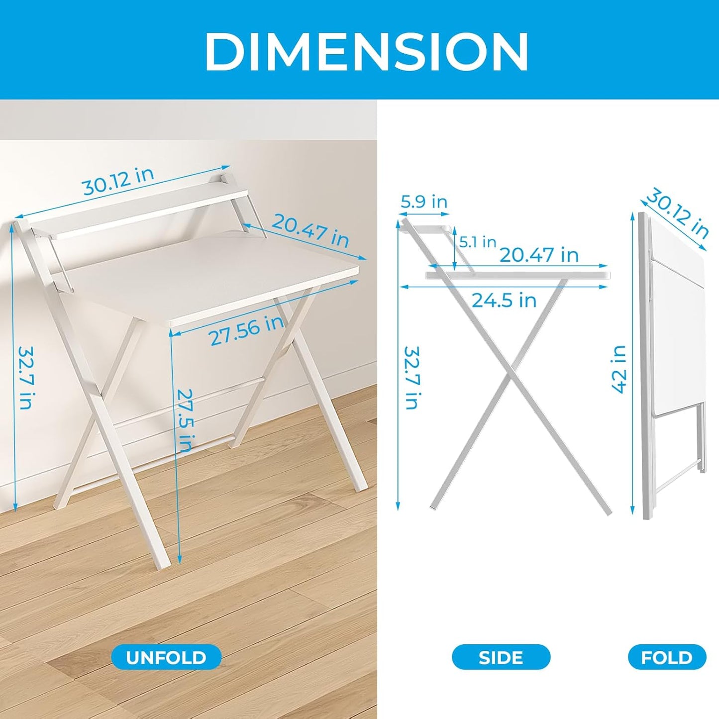 GreenForest Folding Desk No Assembly Required Large Size, 2-Tier Foldable Computer Desk with Shelf for Home Office, Space Saving Portable Laptop Study Foldable Table for Bedroom, White