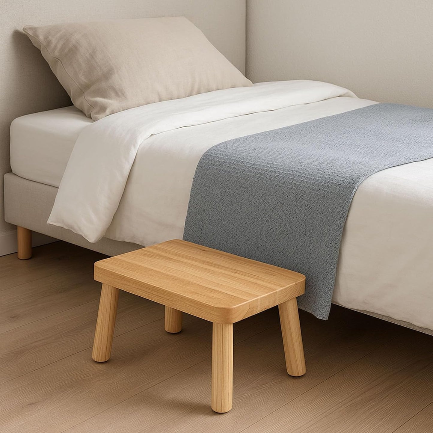 Wooden Step Stool for Adults,One Step Stool with Non-Slip Feet,Portable Bed Steps for High Beds, Office,Bedroom,Kitchen (Natural, Small)