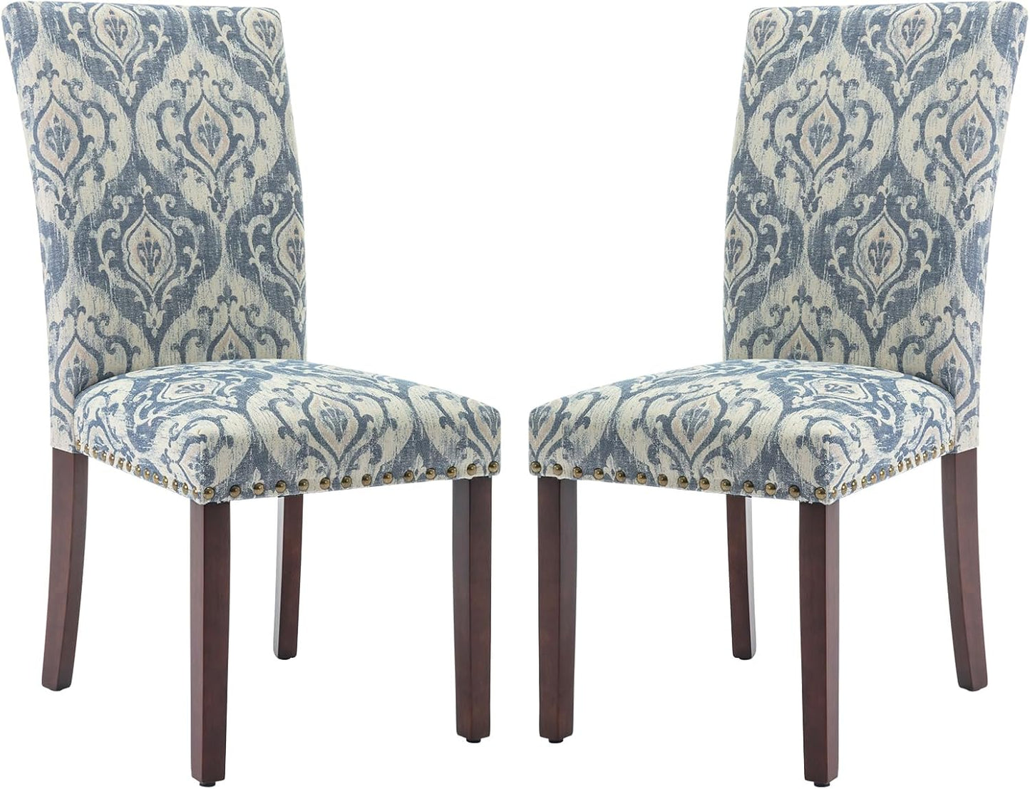 COLAMY Upholstered Parsons Dining Chairs Set of 2, Fabric Dining Room Kitchen Side Chair with Nailhead Trim and Wood Legs - Blue/White Flower