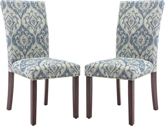 COLAMY Upholstered Parsons Dining Chairs Set of 2, Fabric Dining Room Kitchen Side Chair with Nailhead Trim and Wood Legs - Blue/White Flower