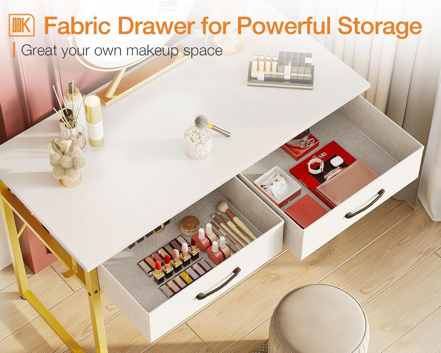 Casaottima 32 Inch Small Dressing Vanity Desk with 2 Drawers & Headphone Hook, Makeup Vanity Desk for Bedroom Without Mirror,Modern Space-Saving Design for Small Spaces White-Gold