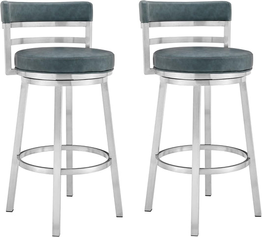 Armen Living Madrid 30" Seat Height Swivel Modern Blue Faux Leather and Brushed Stainless Steel Bar Stool for Kitchen Island Counter, Set of 2