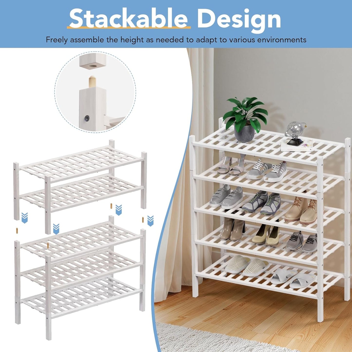 Haddockway 3 Tier Bamboo Shoe Rack Storage Organizer, Multifunctional Free Standing Stackable Shoe Shelf with Grid Panel for Closet,Hallway,Entryway,Small Space 27"x11"x20" (White, 3 Tier)