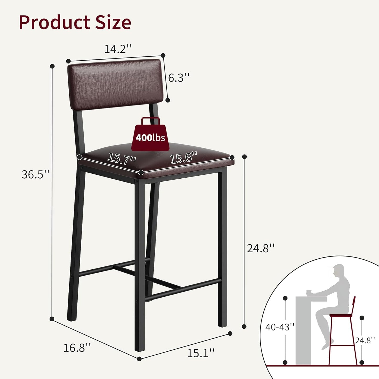 GarveeHome Bar Stools Set of 2, Counter Stools with Back and Thickened Metal Legs, Upholstered PU Leather Counter Height Barstools with Footrest, for Kitchen Island, Bar, Dark Brown