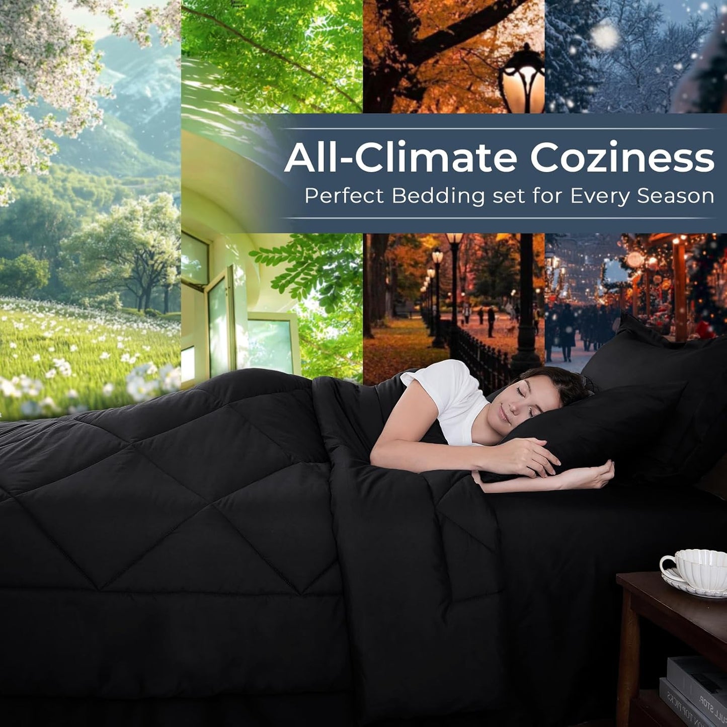 HEVUMYI Black King Comforter Set - 7-Piece All Season Bed in a Bag King, Ultra Soft Bedding Set with Comforter, Flat Sheet, Fitted Sheet, Pillowcases, Pillow Shams, Black