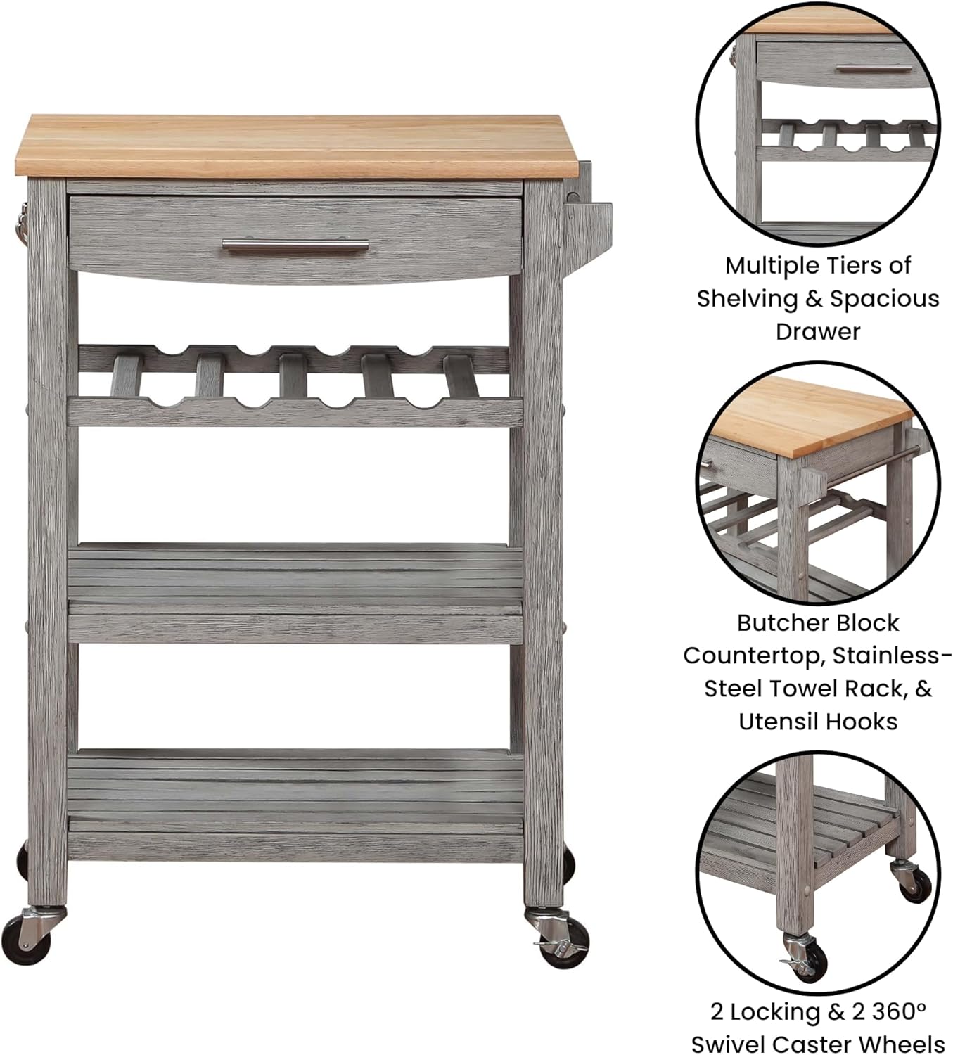 Convenience Concepts Ellaine 4 Tier Kitchen Cart with Drawer and Wine Rack, 24.75 x 16.5 x 34.5, Wirebrush Light/Butcher Block