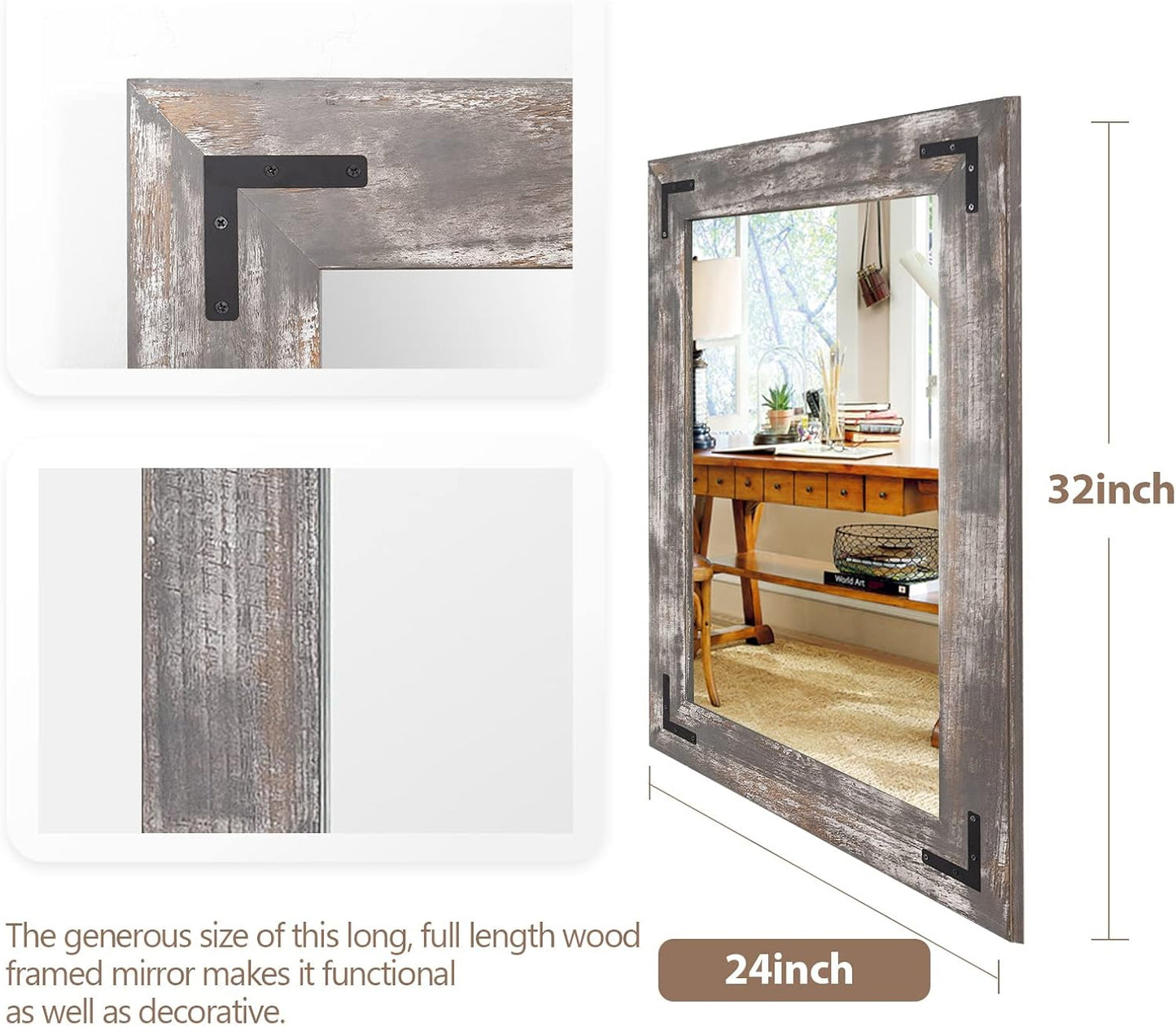 YOSHOOT Rustic Wooden Framed Wall Mirror, Natural Wood Bathroom Vanity Mirror for Farmhouse Decor, Vertical or Horizontal Hanging