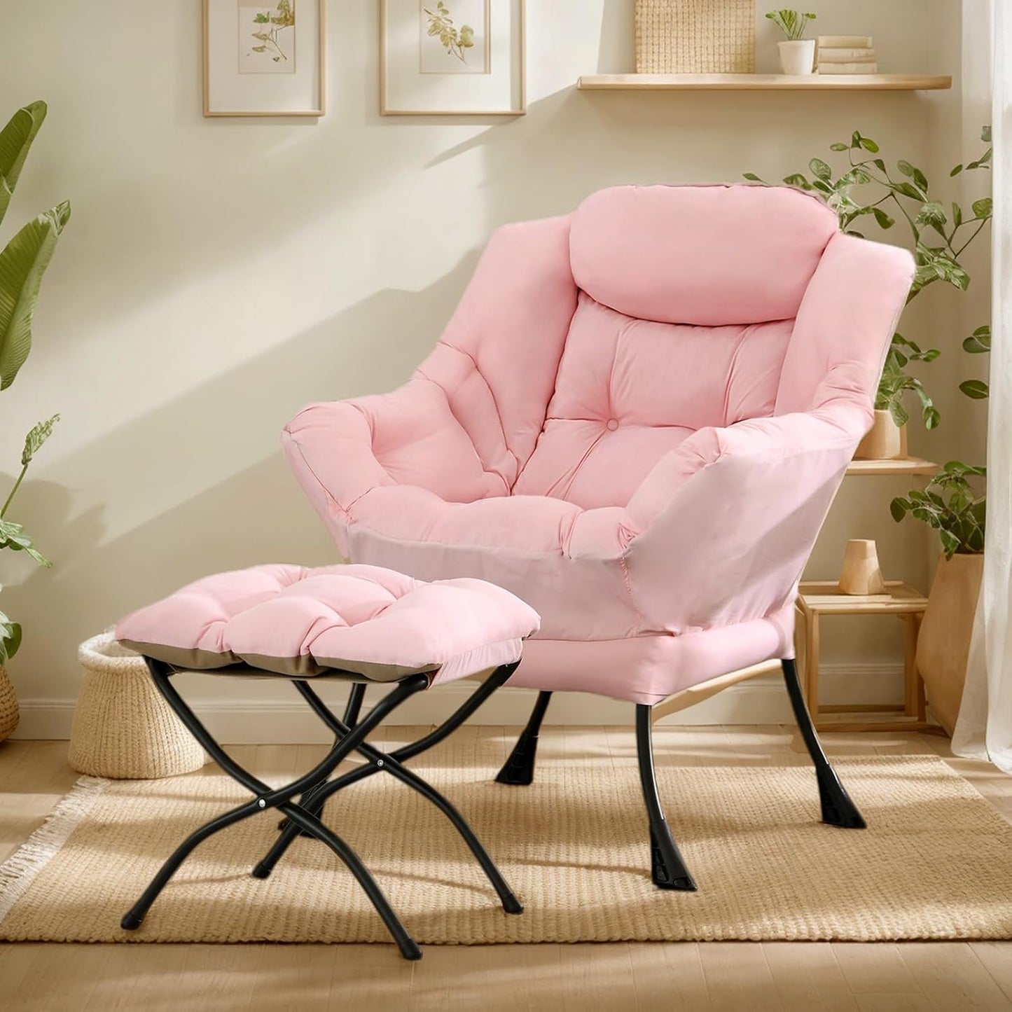 Lazy Chair with Ottoman, Large Modern Lounge Accent Chair with Armrests and Footrest, Reading Armchair with Ottoman, Leisure Sofa Chair for Living Room, Bedroom, Dorm Room, Office (Pink)