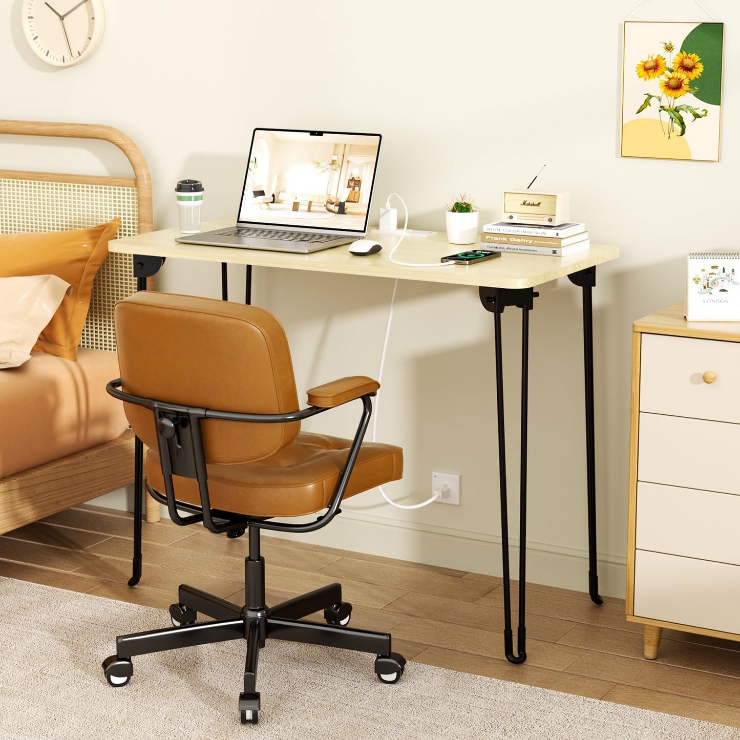 Folding Desk, 31.5" Hairpin Legs Small Desk with Power Strip for Bedroom, Space Saving Foldable Computer Desk for Home Office, No Assembly Need,Beige