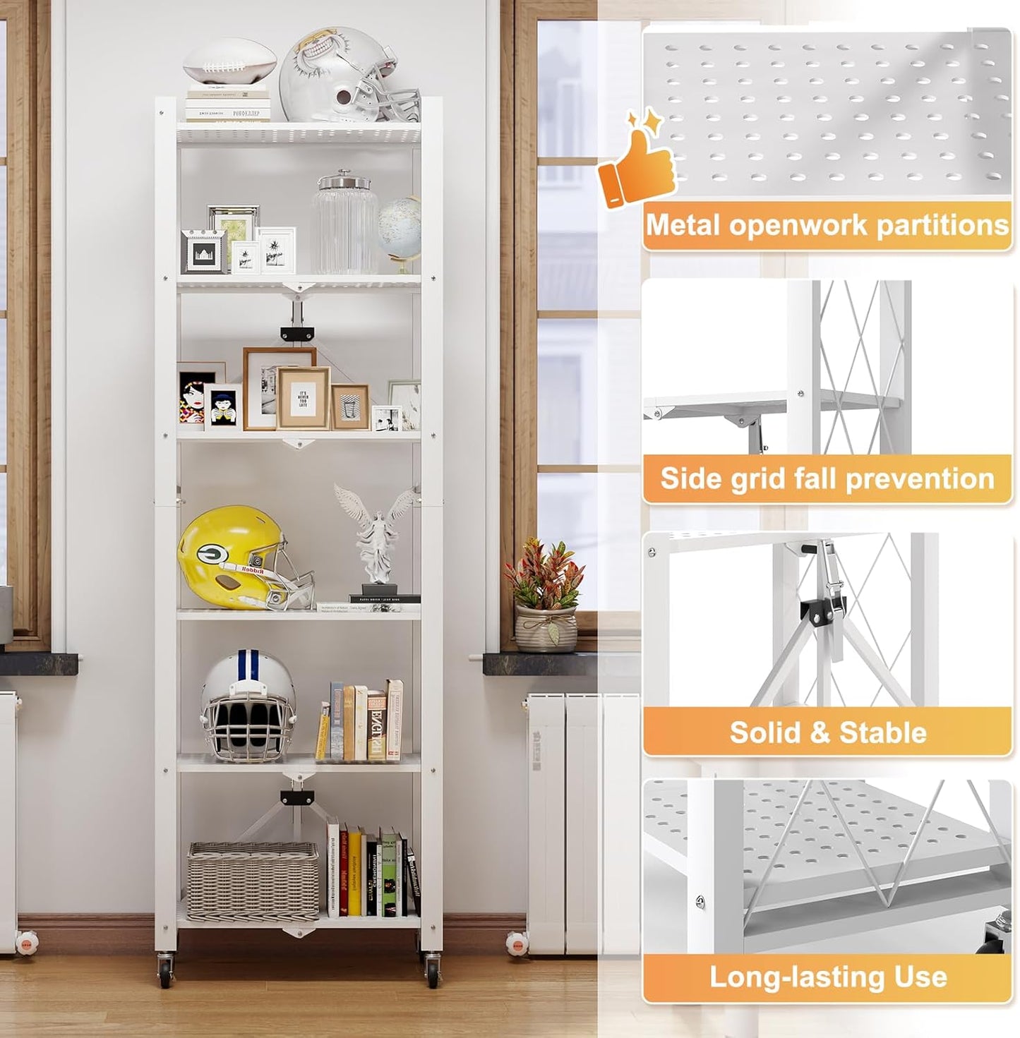 BAYOYONI 6 Tier Industrial Bookshelf - Storage Shelves with Two Usage Modes - Foldable Metal Bookshelves for Living Rooms, Offices, and Bedrooms (White, 6 Tier)