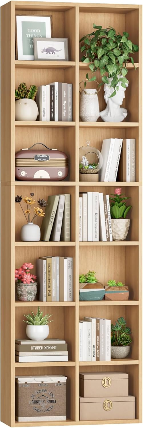 FOTOSOK 71’’ Narrow Bookshelf and Bookcase, Wooden Shelf 7 Tier Media Storage Tower Rack, CD DVD Storage Tower Rack with Adjustable Shelves,Double Wide Slim Bookshelf Cube Storage Organizer, Natural