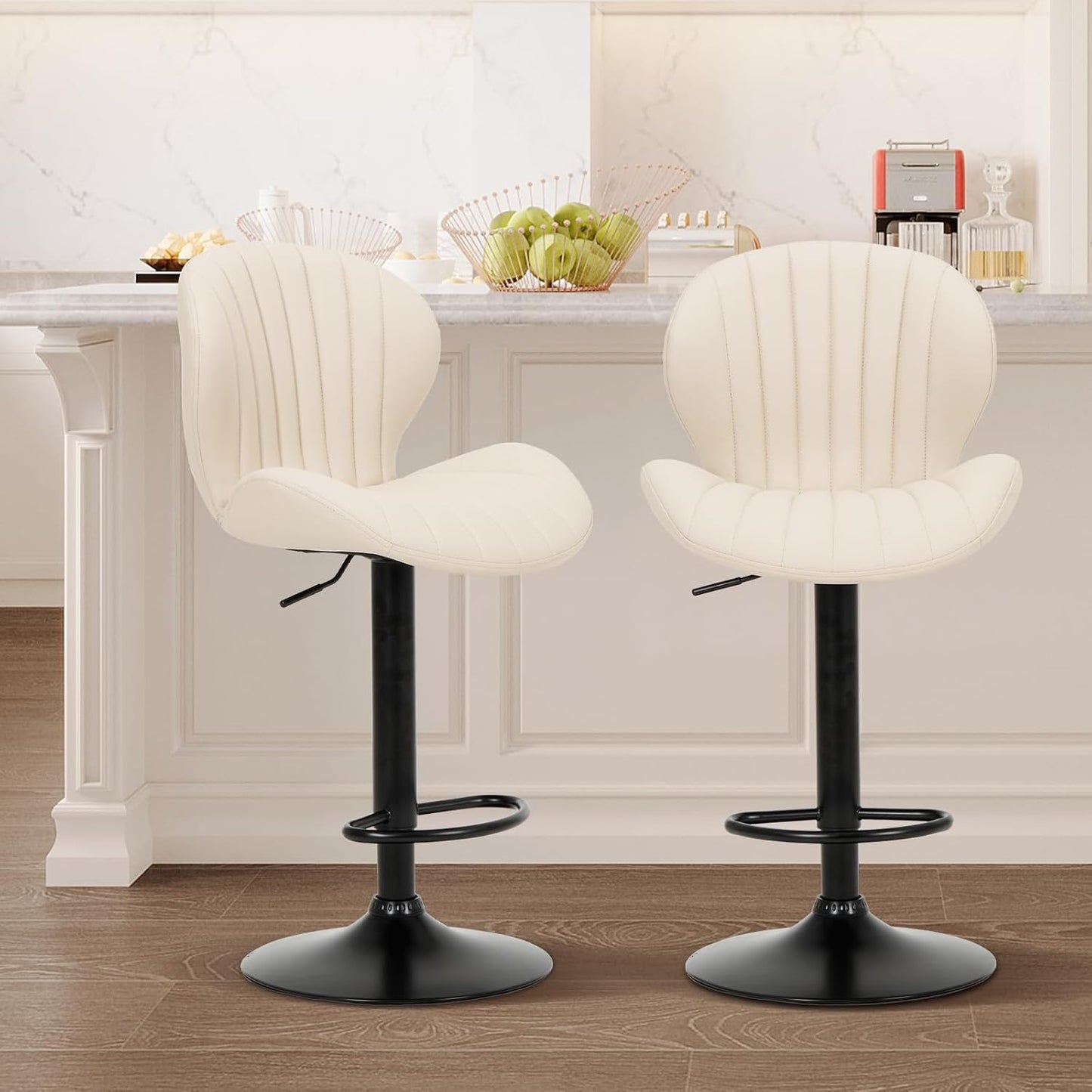 COLAMY Bar Stools Set of 2, Modern Swivel Bar Chairs, Adjustable Faux Leather Upholstered Barstools Counter Height with High Backrest for Bar, Kitchen Island, Dining Room, Beige