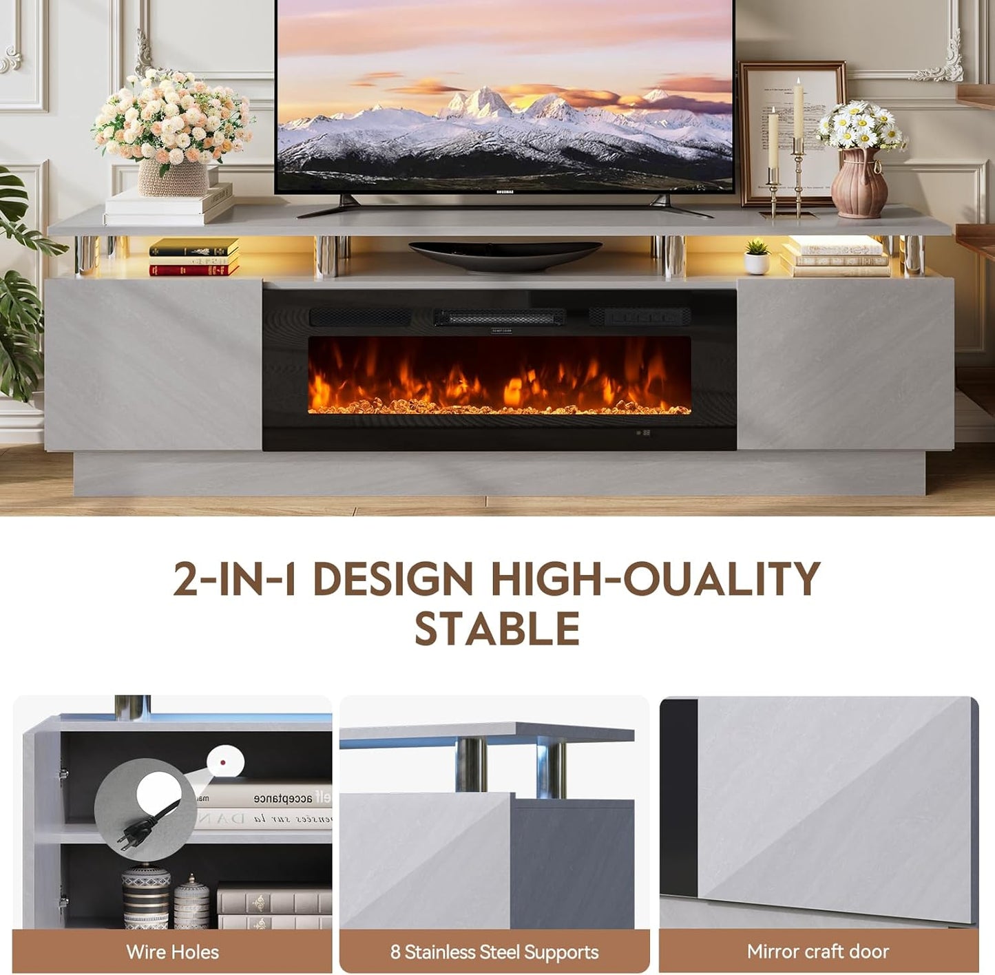 70" TV Stand for Living Room, Entertainment Center with Storage Cabinet, Fits TVs up to 80", Modern Media Console with Shelves, 36" Electric Fireplace (Grey+Black)