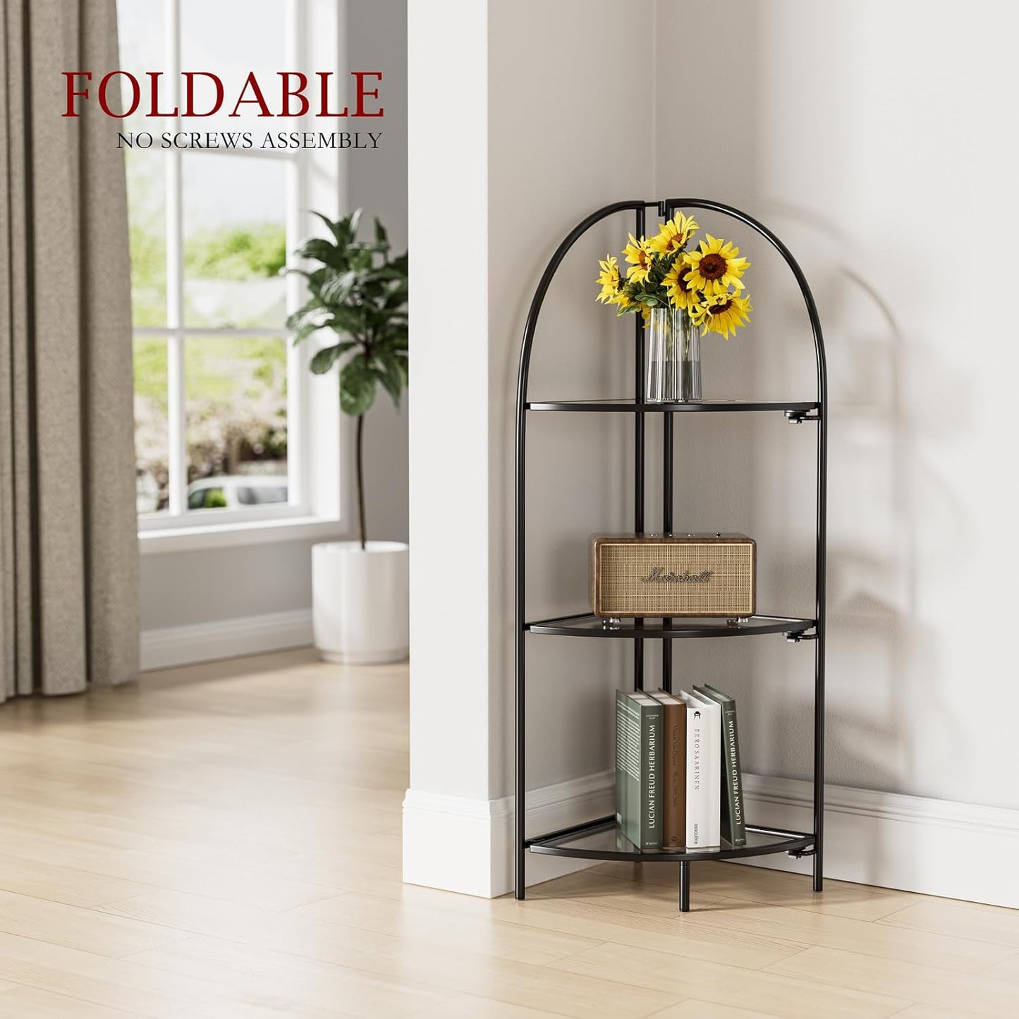 Crofy Foldable 3 Tier Corner Shelf, Metal Corner Plant Stand with Black Frame and Transparent Shelves, Corner Display Rack Multipurpose Shelving Unit for Living Room, Bedroom, Bathroom