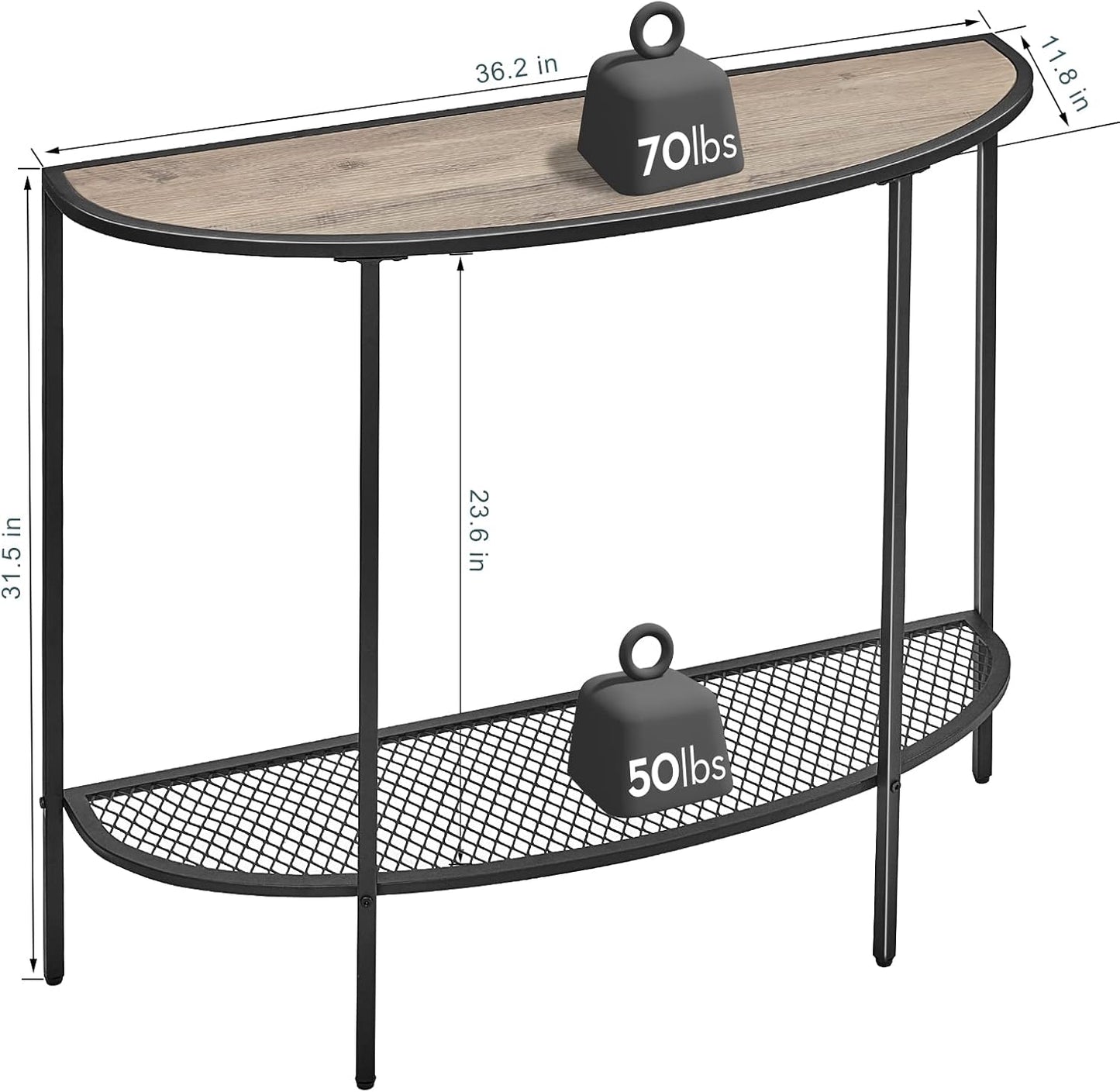 SAYGOER Console Table 2 Tier Narrow Entryway Table with Storage Shelves Half Moon Sofa Couch Table Industrial Small Entry Way Tables for Living Bedroom Hallway Office Easy Assembly, Gray Black