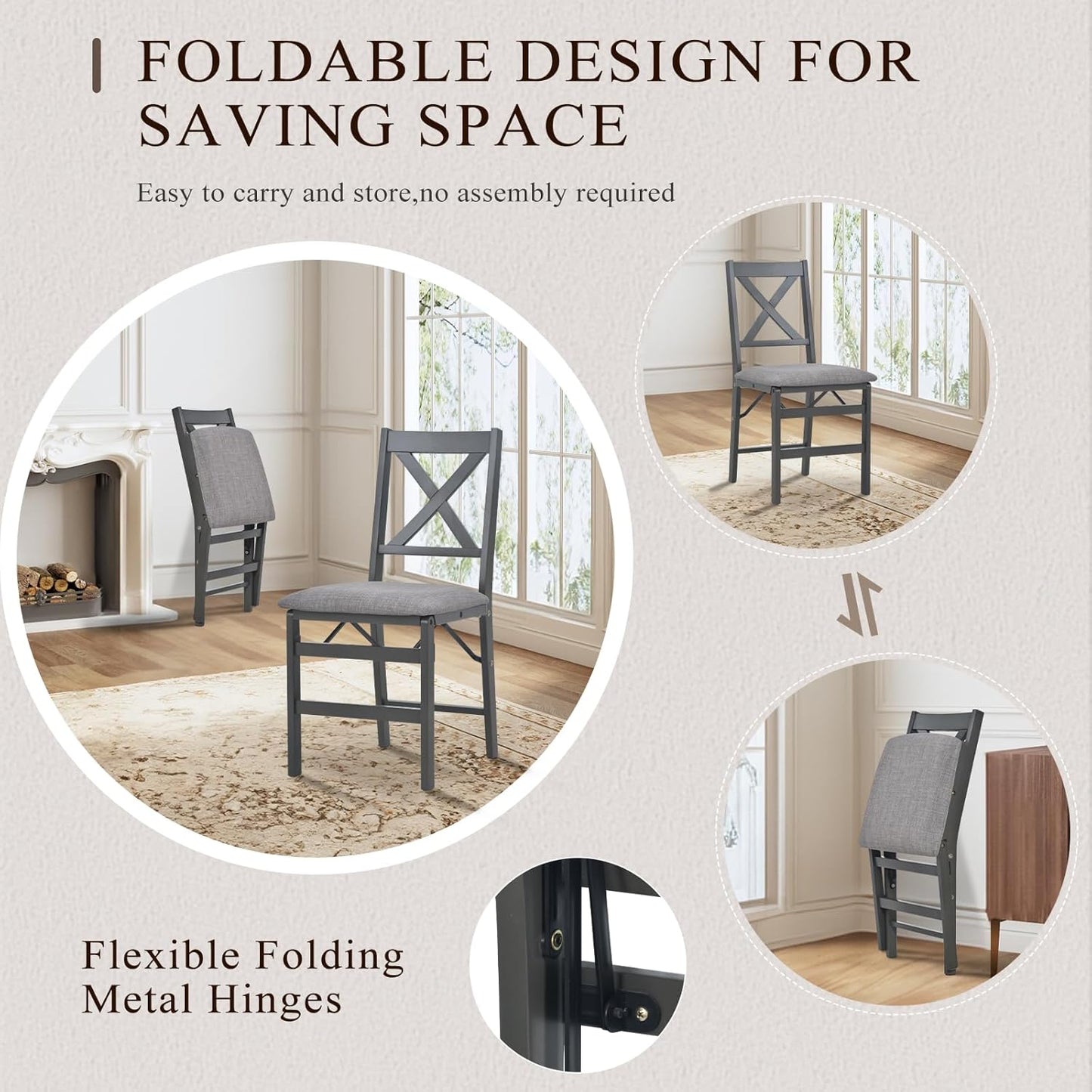 COLAMY Folding Dining Chairs Set of 4, Foldable Chairs with Padded Seats, Wood Folding Dining Room Chairs for Kitchen, Party, Camping, Dark Grey
