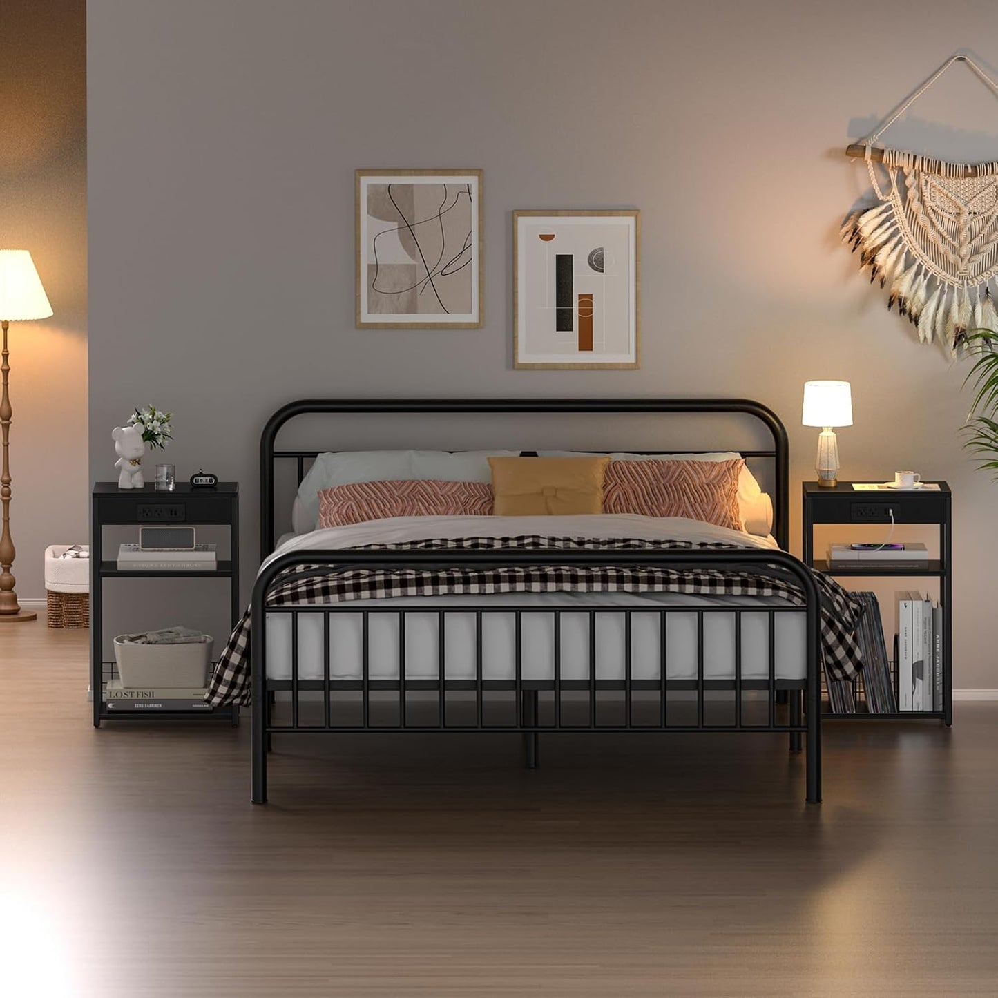 LELELINKY 3 Tier End Table with Charging Station, Black Record Player Stand with Storage Up to 100 Albums Brown, Night Stand with USB Port, Nightstand for Small Spaces