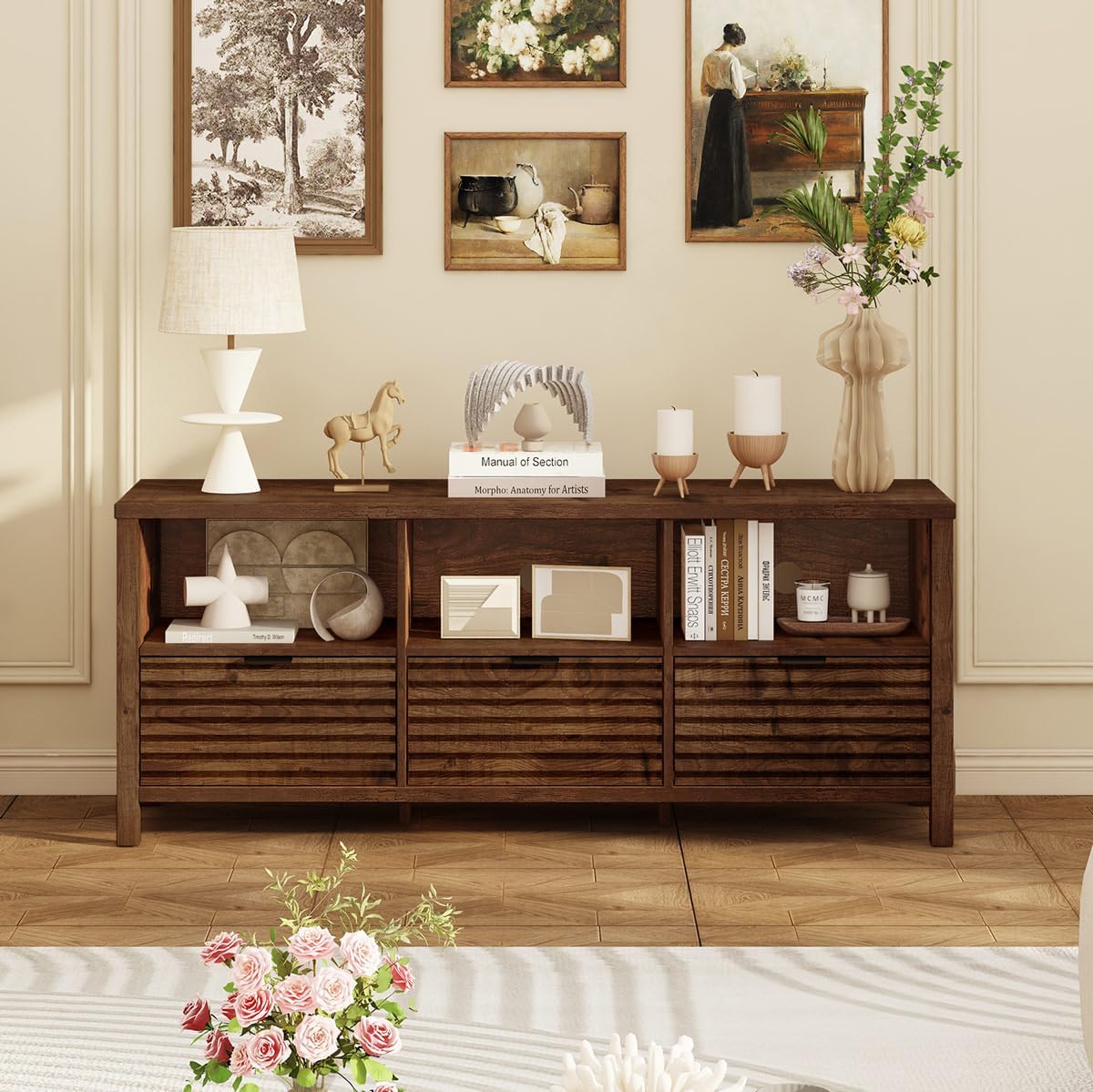 BON AUGURE Fluted TV Stand for 65/55/50 Inch TVs, Brown Modern Entertainment Center with Storage Drawers and Shelves, Wood Television Media Console Cabinet for Living Room,Bedroom (Rustic Oak)