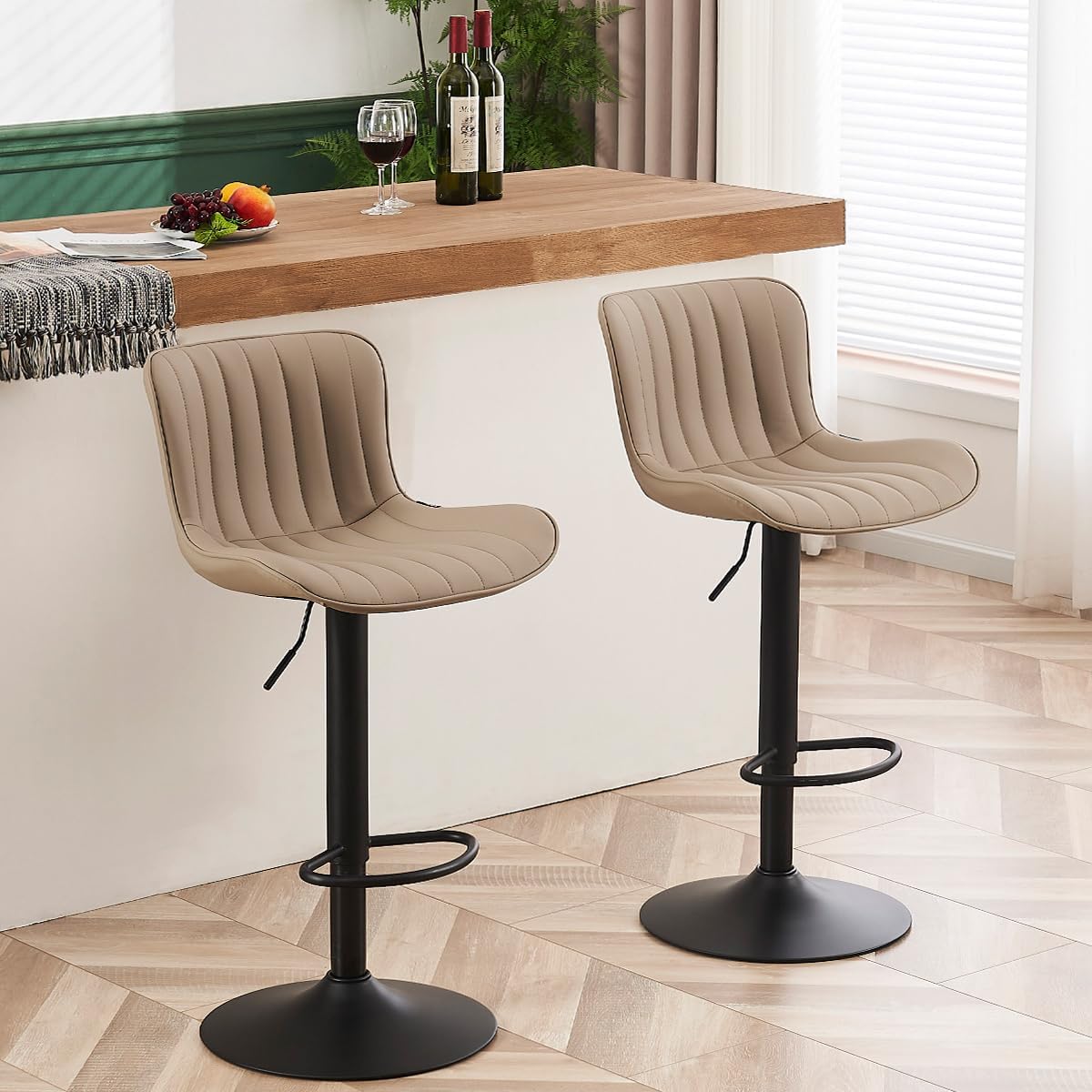 YOUNUOKE Counter Height Bar Stools Kitchen Island Barstools Set of 2 Adjustable Swivel Counter Stool Bar Height Island Chairs with Back, Khaki