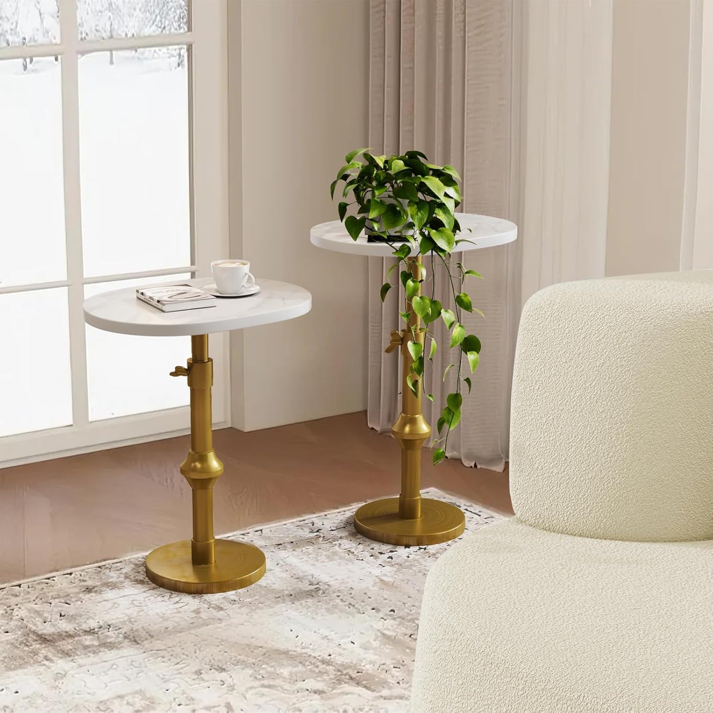 Marble Drink Table, 10"x12"x(22“~30") Martini Table with Metal Antique Brass Adjustable Stand Base, Drink Tables for Small Spaces, Living Room, Bedroom, Or Office (White)