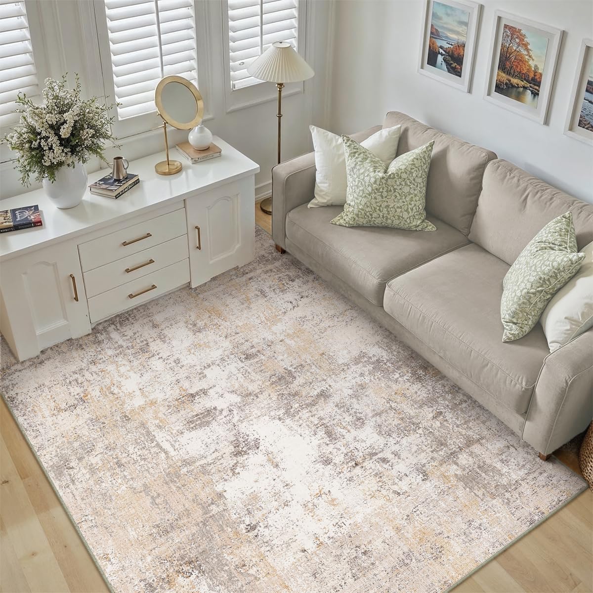 4x6 Washable Area Rug Beige Grey Neutral Abstract Entryway Kitchen Non Slip Low Pile Throw Rug Living Room Bedroom Indoor Doormat Soft Carpet for Entrance Bathroom Office