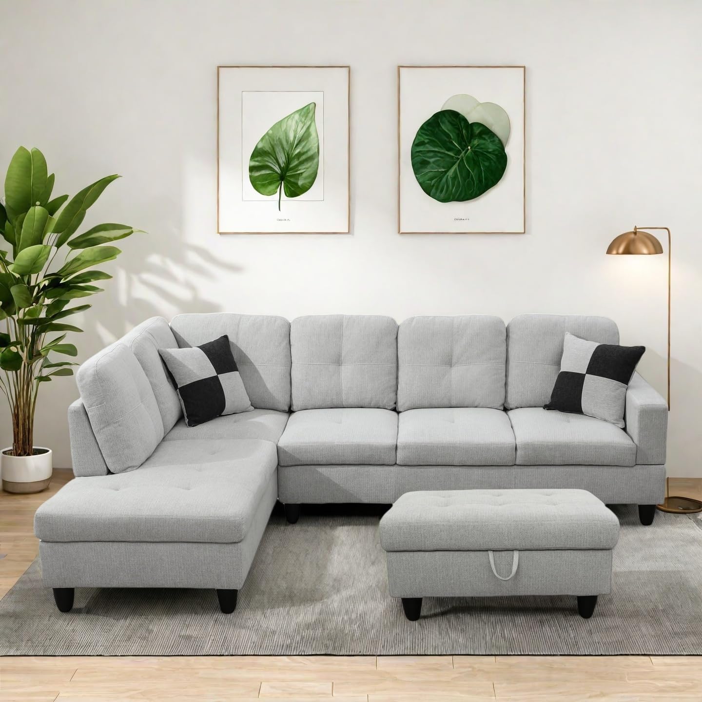 Modern Living Room Furniture Sets with Pillows, Modular Sectional Couches with Chaise Lounge, 4-Seaters L Shape Sofa with Storage Ottoman, for Living Room, Light Grey