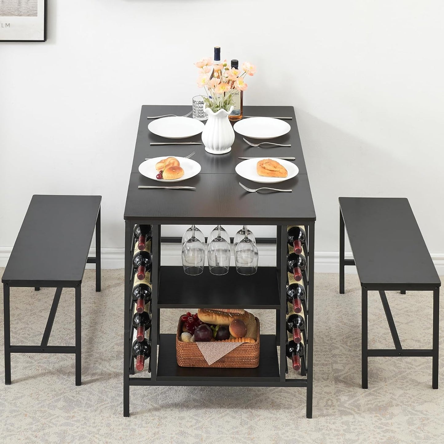IDEALHOUSE Dining Table Set for 4, Kitchen Table Set for 4 with 2 Benches, Rectangular Dining Room Table Set with Wine Rack, 3 Piece Dining Table Set for Small Space Apartment, Black