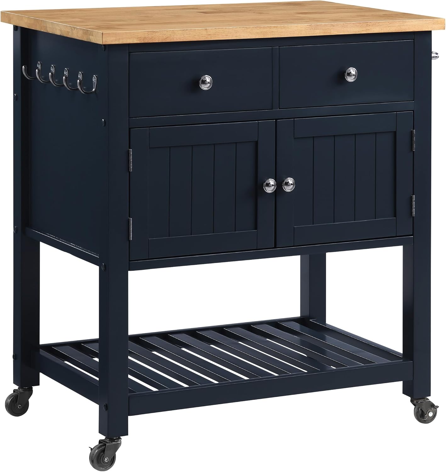 OSP Home Furnishings Stirling Farmhouse Kitchen Cart, Rolling Storage Cabinet with Drawers, Shelf, 5 Utility Hooks, Dark Blue with Natural Wood Top