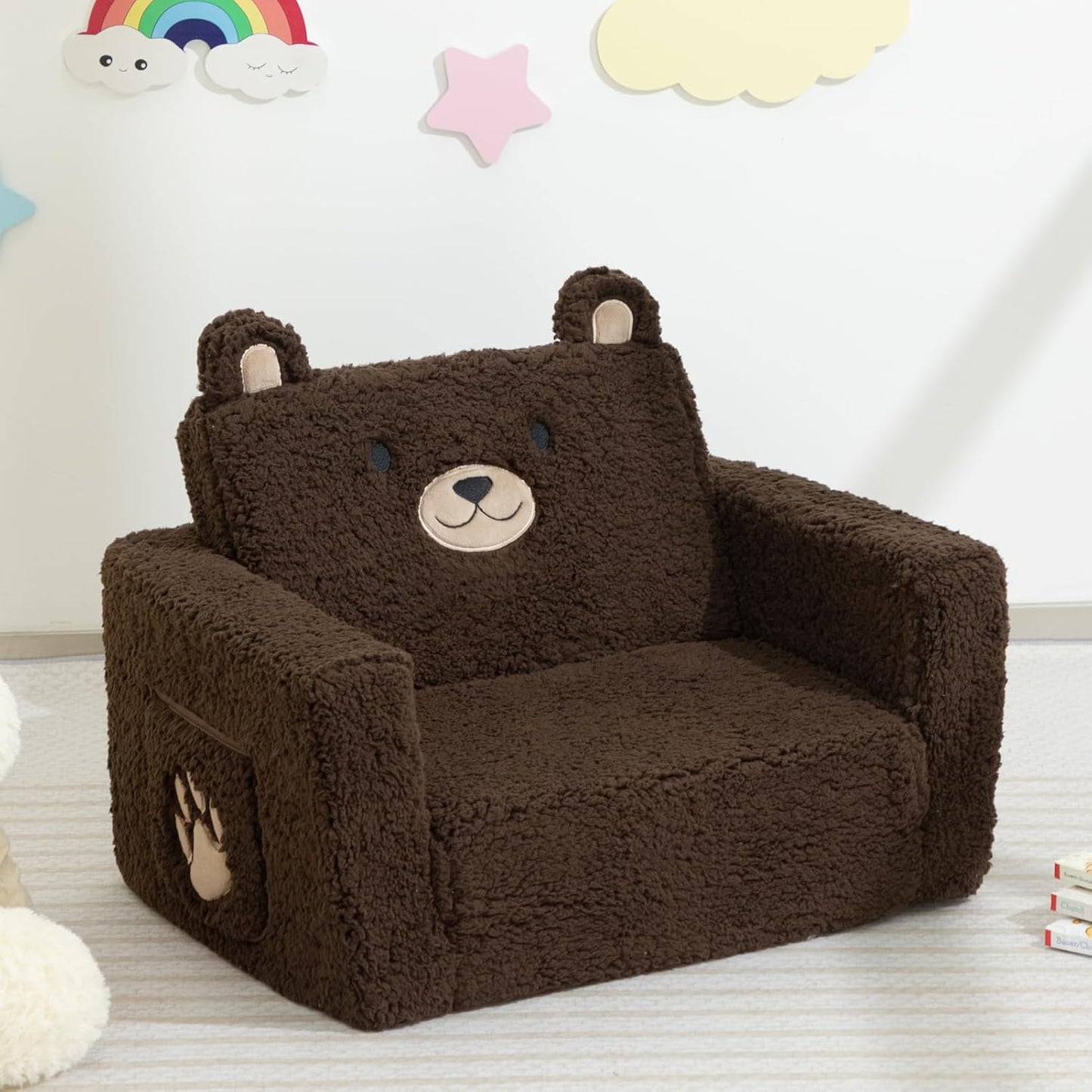 ALIMORDEN Fold Out Toddler Couch, Comfy 2-in-1 Cuddly Sherpa Bear Chair for Kids, Convertible Sofa to Lounger, Kids Cozy Corner Play Couch for Boys and Girls, Chocolate