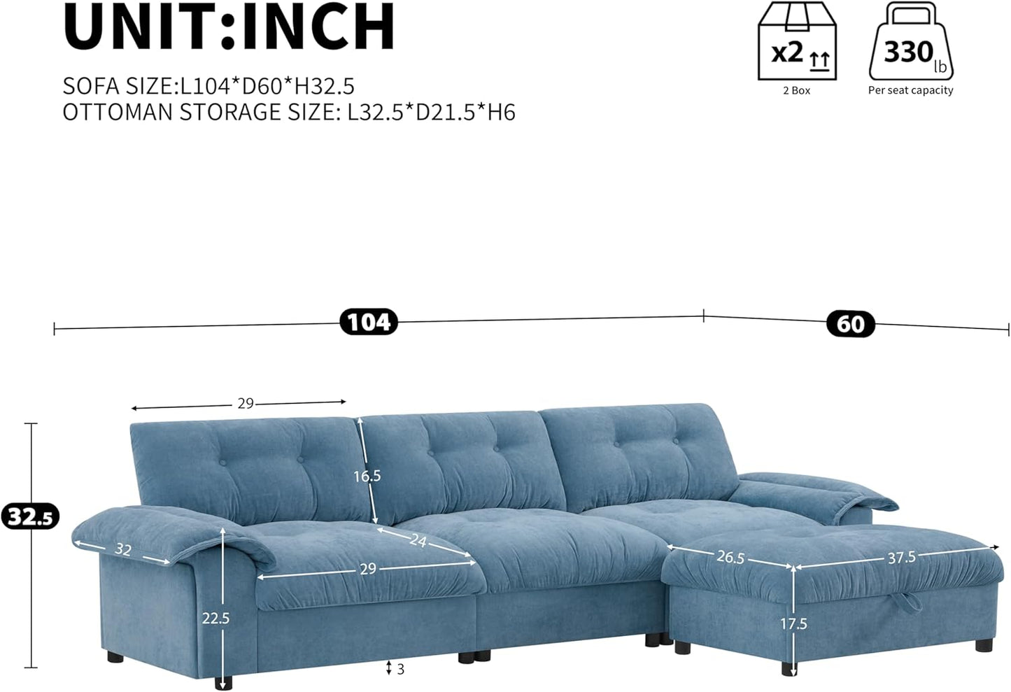 Ball & Cast Modular L Shaped Sectional Sofa with Movable Storage Ottoman and Dual-Port Charging,4 Seater Comfy Cloud Couch W/Side Storage Pockets & Cup Holder,for Living Room,Apartment,Light Blue,104"