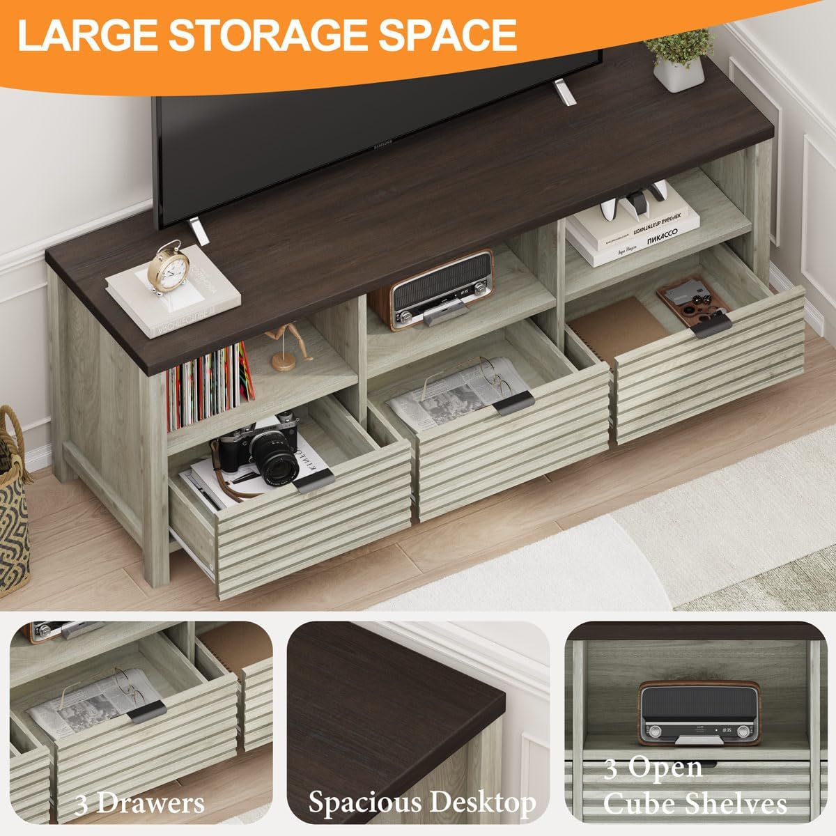 BON AUGURE TV Stand, Fluted Modern Media Console for 65 55 50 in TVs, Farmhouse Wood Entertainment Center with Storage Drawers for Living Room,Bedroom (Walnut Washed Grey)