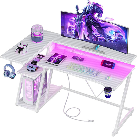 47 Inch White Gaming Desk with Power Outlet & LED Lights, Corner Computer Desk with 3 Tiers Storage Shelves, L Shaped Gaming Desk with Monitor Stand for Bedroom