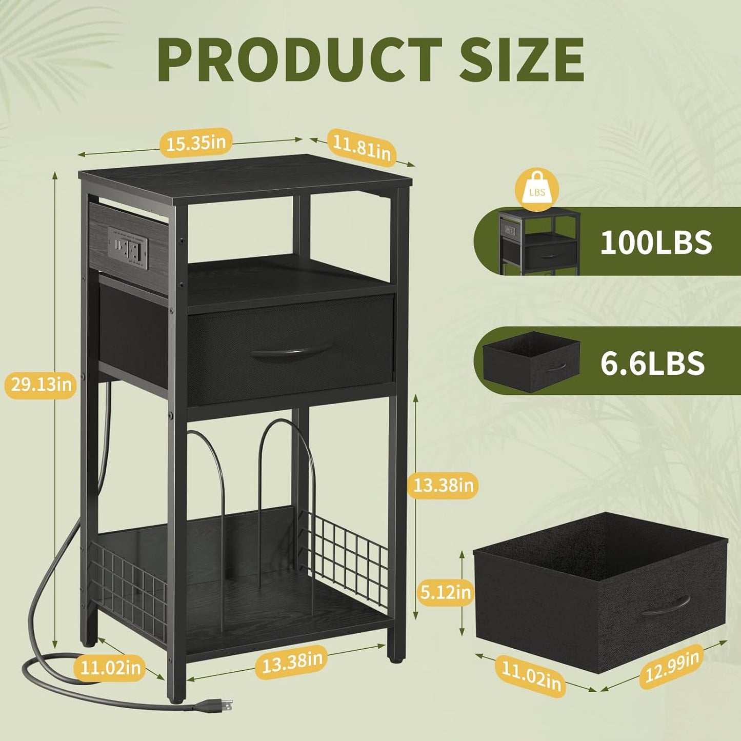 Yoobure Side Table - Night Stand with Charger Station & LED Light, 3 Tier Small End Table Living Room, Bedside Table with Drawer, Record Player Stand with Vinyl Storage, Black Nightstand for Bedroom