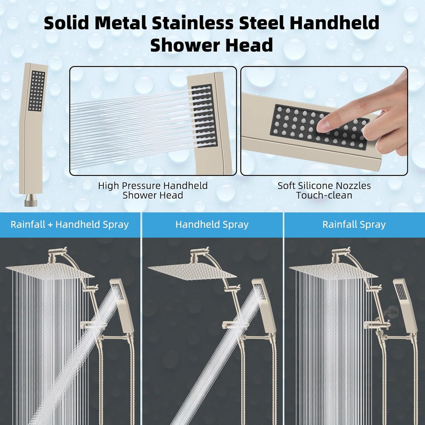 Hibbent All Metal 10'' Rainfall Shower Head, Dual Shower Head Combo, High Pressure Handheld Shower Wand, 16'' Adjustable Arc-shaped Shower Extension Arm, 71'' Hose, Showerhead Holder, Brushed Nickel