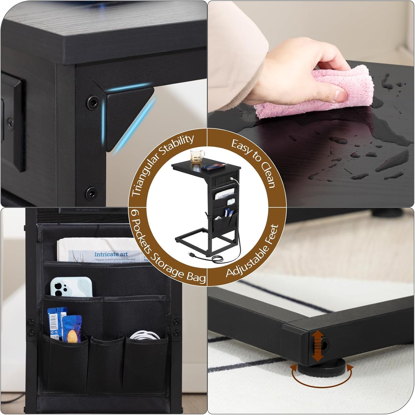 AMHANCIBLE C Shaped End Table with Charging Station, TV Tray Set of 2, Couch Tables with Storage Bag, Slide Under Sofa Side Table with USB Ports and Outlets for Living Room, Black, HET04CBK